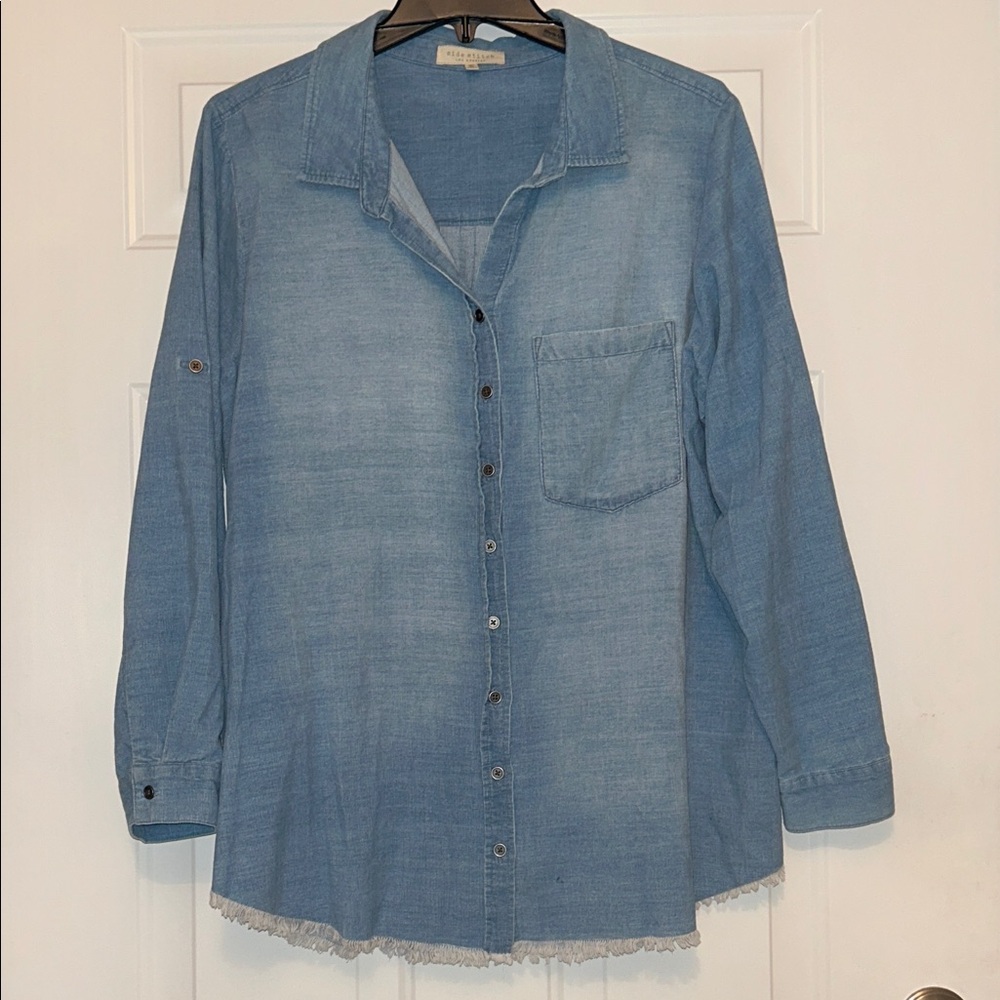 Side Stitch LA Button-Up Chambray Cotton Shirt 1X Light Corduroy Denim Frayed